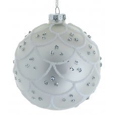 Χριστουγεννιάτικη Γυάλινη Μπάλα Λευκή, με Ανάγλυφα Σχέδια και Στρας (8cm)